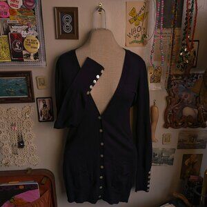 Pearl Button Up Sweater Cardigan Women's Medium Navy Blue Fitted Knit Next UK